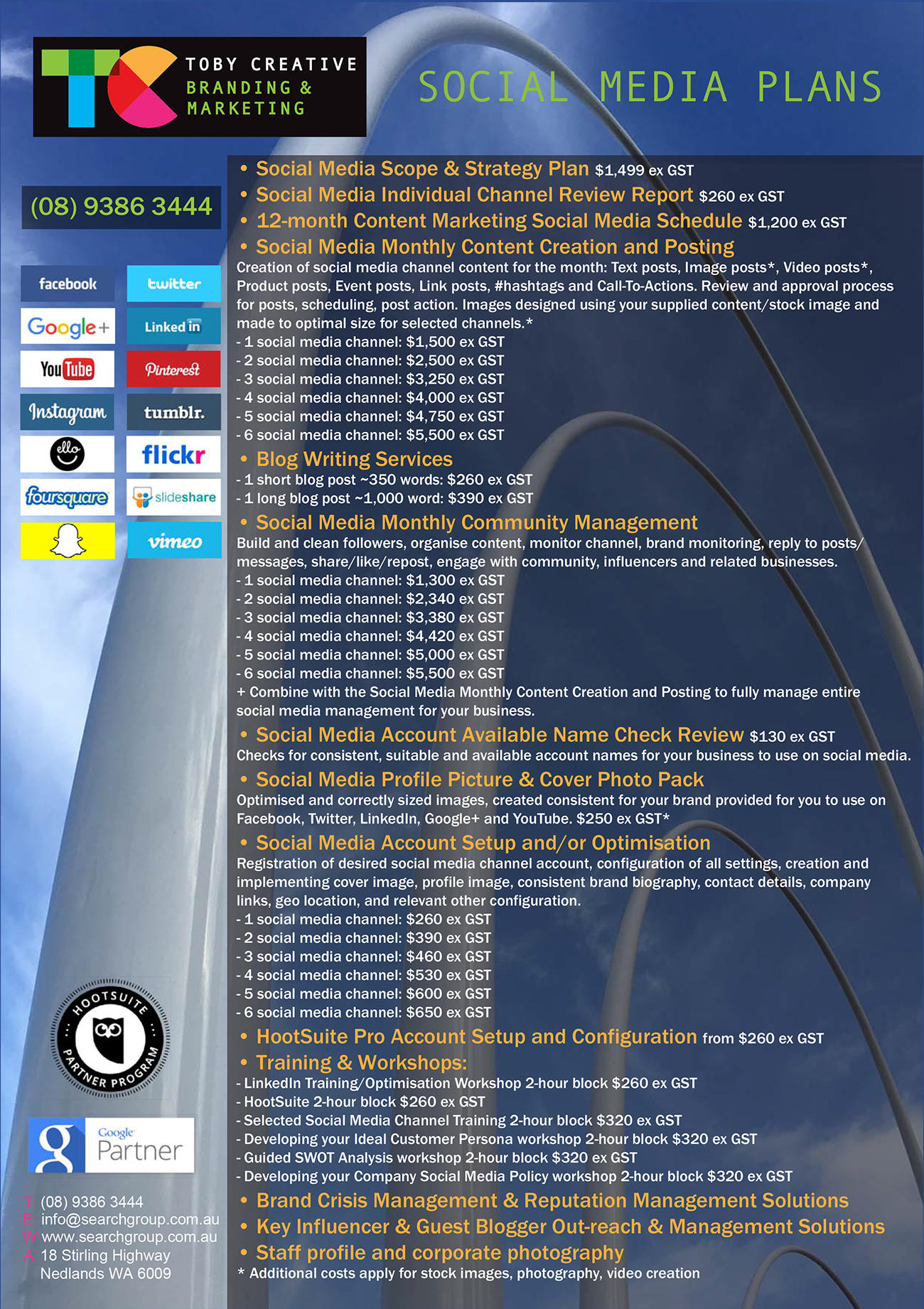 Toby Creative – Perth Social Media Marketing Social Media Advertising Services Plan